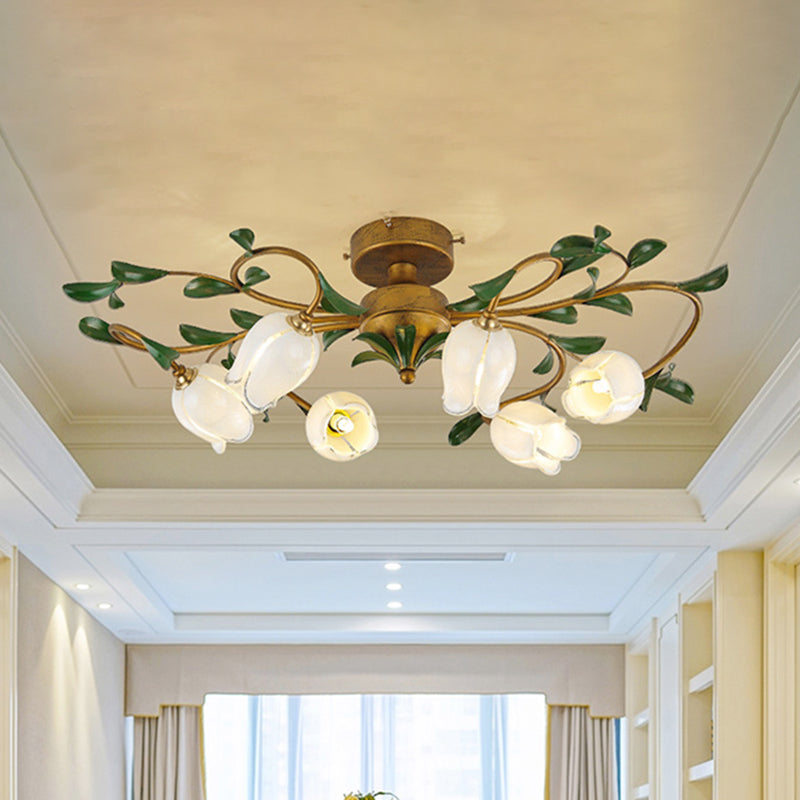 Tulip White/Yellow Glass Semi Flush Light Fixture Traditional 6 Lights Dining Room Ceiling Mount Chandelier in Brass Clearhalo 'Ceiling Lights' 'Close To Ceiling Lights' 'Close to ceiling' 'Glass shade' 'Glass' 'Semi-flushmount' Lighting' 337803