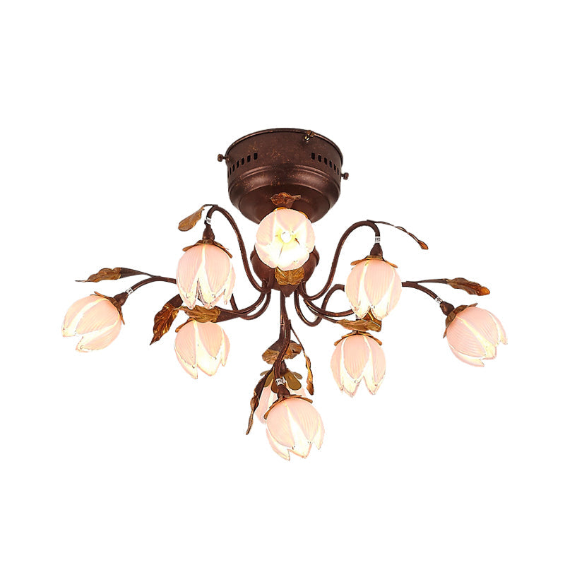 9 Lights Bedroom Semi Flush Countryside Rust Ceiling Light Fixture with Flower Pink Glass Shade Clearhalo 'Ceiling Lights' 'Chandeliers' 'Close To Ceiling Lights' 'Close to ceiling' 'Glass shade' 'Glass' 'Semi-flushmount' Lighting' 337852