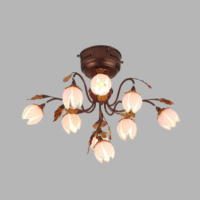 9 Lights Bedroom Semi Flush Countryside Rust Ceiling Light Fixture with Flower Pink Glass Shade Clearhalo 'Ceiling Lights' 'Chandeliers' 'Close To Ceiling Lights' 'Close to ceiling' 'Glass shade' 'Glass' 'Semi-flushmount' Lighting' 337853