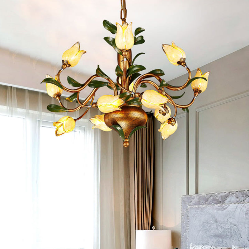 Traditional Blossom Chandelier Lighting Fixture 12 Heads Sandblasted Glass Pendant Ceiling Light in Brass Brass Clearhalo 'Ceiling Lights' 'Chandeliers' 'Glass shade' 'Glass' Lighting' 337899