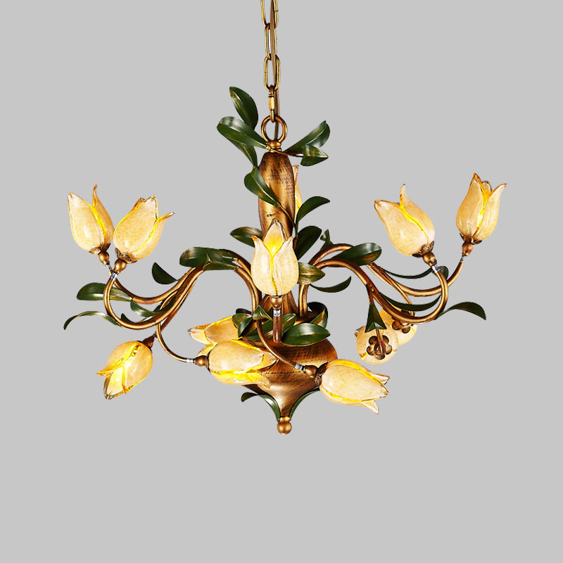 Traditional Blossom Chandelier Lighting Fixture 12 Heads Sandblasted Glass Pendant Ceiling Light in Brass Clearhalo 'Ceiling Lights' 'Chandeliers' 'Glass shade' 'Glass' Lighting' 337902