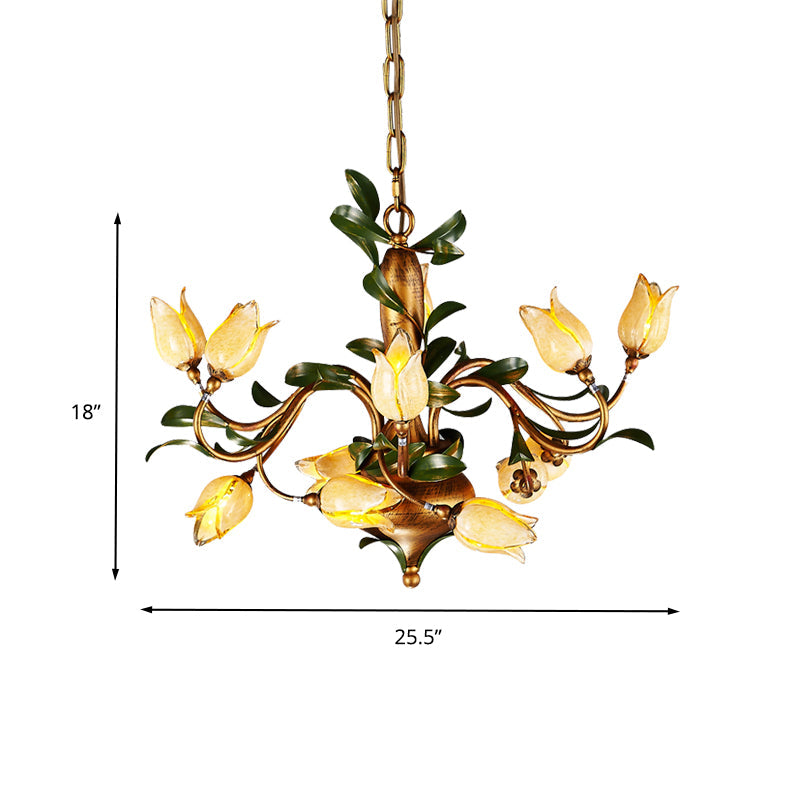 Traditional Blossom Chandelier Lighting Fixture 12 Heads Sandblasted Glass Pendant Ceiling Light in Brass Clearhalo 'Ceiling Lights' 'Chandeliers' 'Glass shade' 'Glass' Lighting' 337903