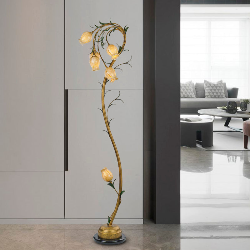 6 Lights Beige Glass Tree Floor Lamp Rural Floral Bedroom Standing Light in Brass for Bedroom Brass Clearhalo 'Floor Lamps' 'Lamps' Lighting' 337989