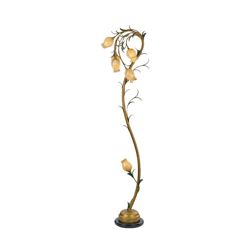 6 Lights Beige Glass Tree Floor Lamp Rural Floral Bedroom Standing Light in Brass for Bedroom Clearhalo 'Floor Lamps' 'Lamps' Lighting' 337991