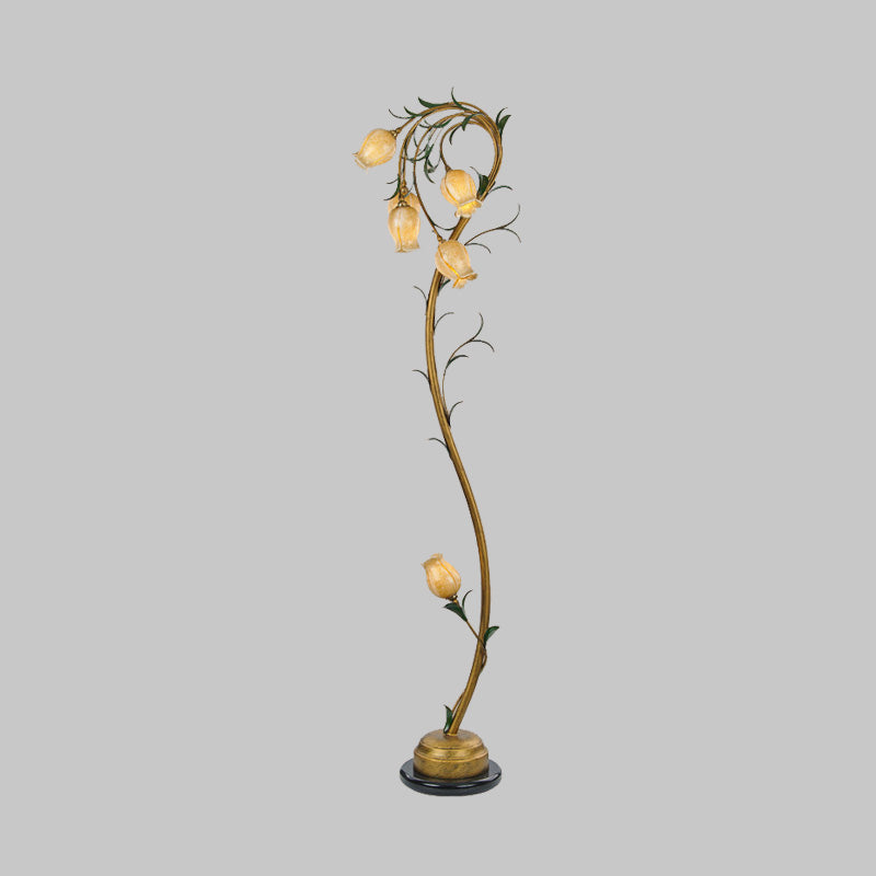 6 Lights Beige Glass Tree Floor Lamp Rural Floral Bedroom Standing Light in Brass for Bedroom Clearhalo 'Floor Lamps' 'Lamps' Lighting' 337992