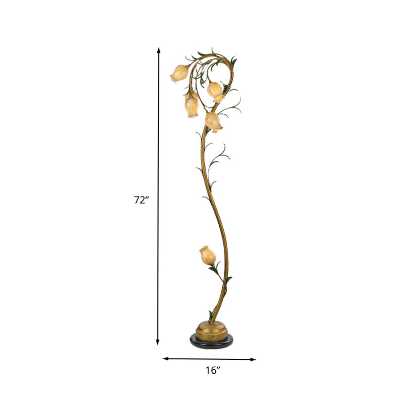 6 Lights Beige Glass Tree Floor Lamp Rural Floral Bedroom Standing Light in Brass for Bedroom Clearhalo 'Floor Lamps' 'Lamps' Lighting' 337993