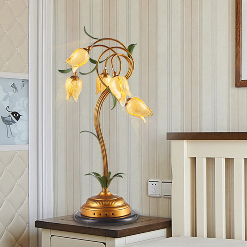 5 Lights Night Table Light Traditional Tulip-Shaped Beige Glass Nightstand Lamp in Brass Clearhalo 'Lamps' 'Table Lamps' Lighting' 338033