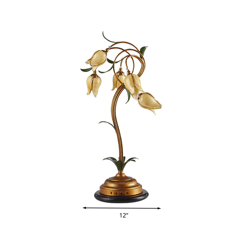 5 Lights Night Table Light Traditional Tulip-Shaped Beige Glass Nightstand Lamp in Brass Clearhalo 'Lamps' 'Table Lamps' Lighting' 338035