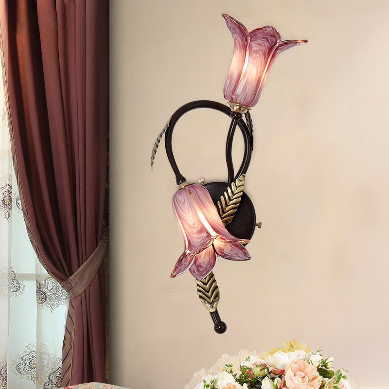 Swooping Arm White/Purple Glass Wall Lamp Countryside 2 Lights Bedroom Sconce Light Fixture in Black/Gold Clearhalo 'Wall Lamps & Sconces' 'Wall Lights' Lighting' 338053