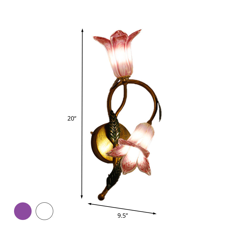 Swooping Arm White/Purple Glass Wall Lamp Countryside 2 Lights Bedroom Sconce Light Fixture in Black/Gold Clearhalo 'Wall Lamps & Sconces' 'Wall Lights' Lighting' 338060