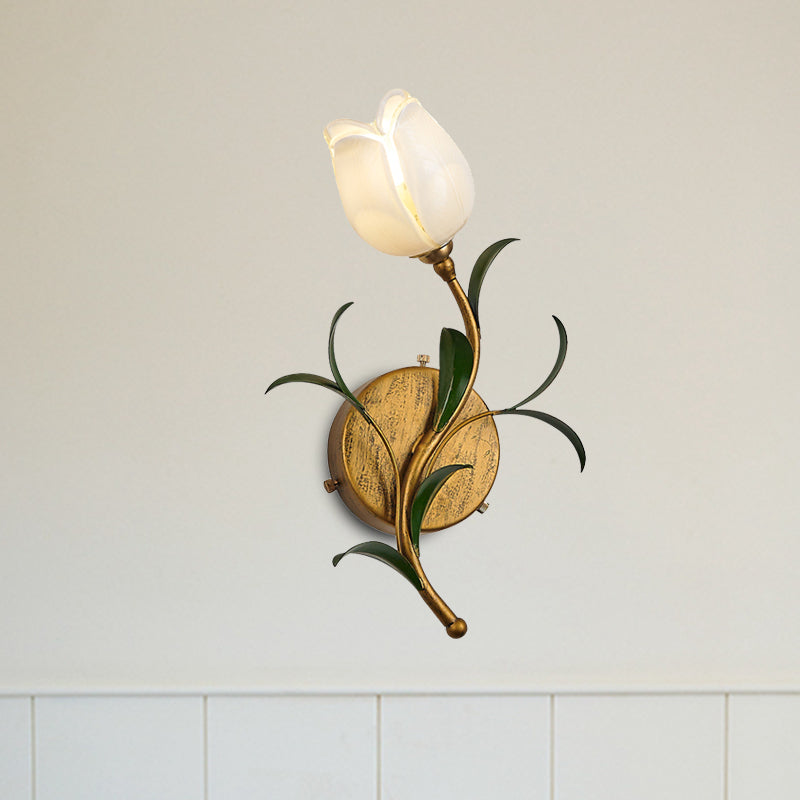 Brass 1 Head Wall Mounted Lamp Rustic White/Yellow Glass Floral Sconce Light for Living Room White Clearhalo 'Wall Lamps & Sconces' 'Wall Lights' Lighting' 338067