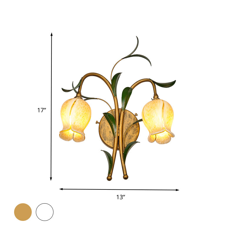 Brass Petal Wall Mount Lighting Rural White/Yellow Glass 2/3 Lights Living Room Sconce Light Fixture Clearhalo 'Wall Lamps & Sconces' 'Wall Lights' Lighting' 338078