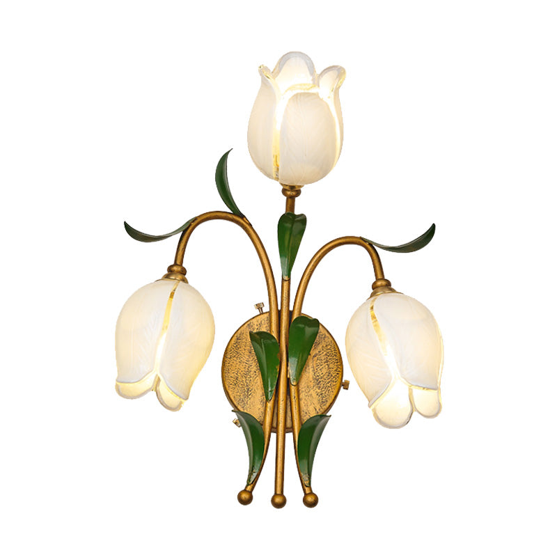 Brass Petal Wall Mount Lighting Rural White/Yellow Glass 2/3 Lights Living Room Sconce Light Fixture Clearhalo 'Wall Lamps & Sconces' 'Wall Lights' Lighting' 338088