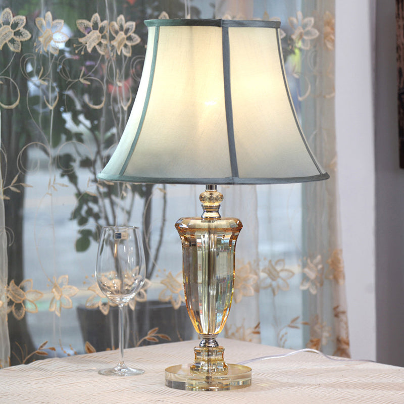 Fabric Beige Table Light Bell Single Light Simple Nightstand Lamp with Crystal Base Clearhalo 'Lamps' 'Table Lamps' Lighting' 338171