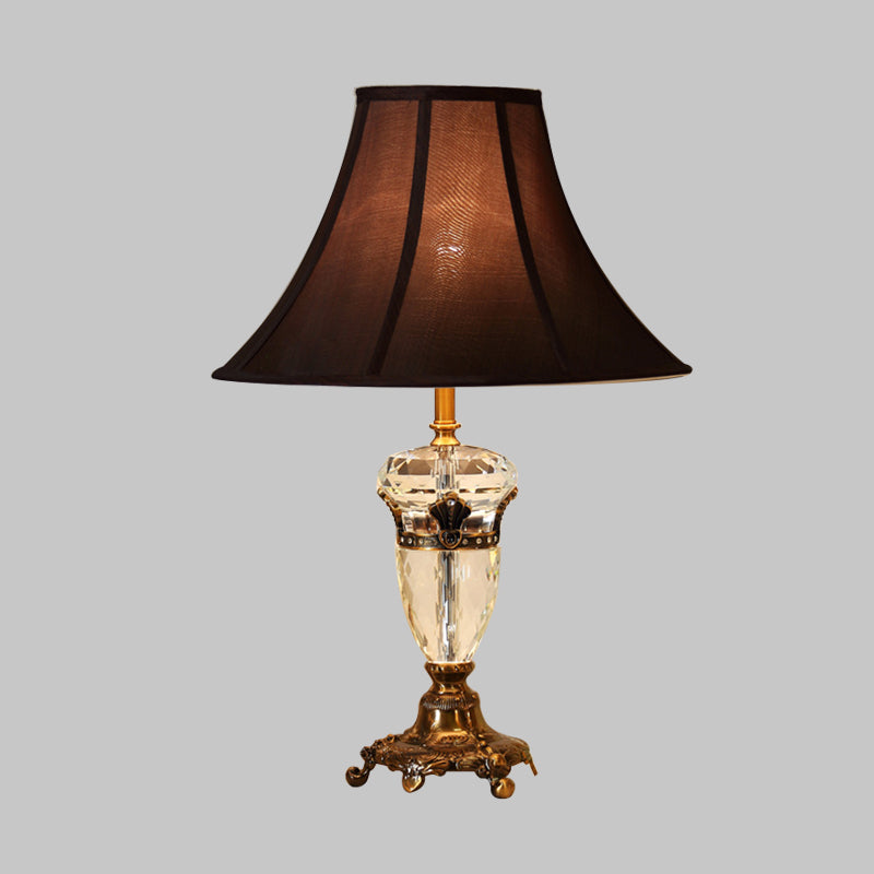 Single Head Table Light Rural Urn Crystal Nightstand Lamp in Brown with Cone Fabric Shade Brown Clearhalo 'Lamps' 'Table Lamps' Lighting' 338185