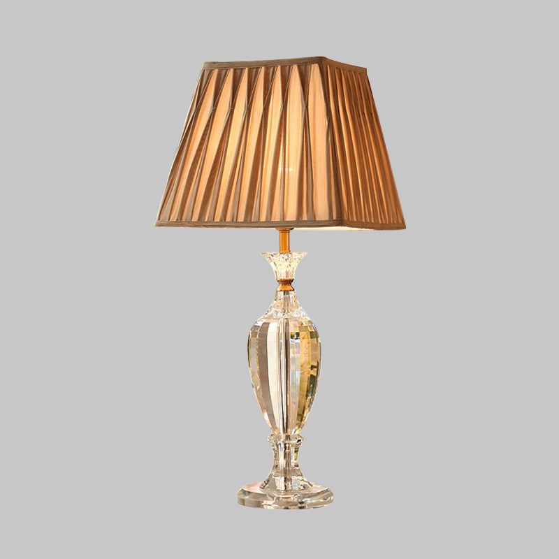 1 Light Pleated Shade Night Light Rural Style Beige Fabric Table Lamp with Urn Crystal Base Clearhalo 'Lamps' 'Table Lamps' Lighting' 338233