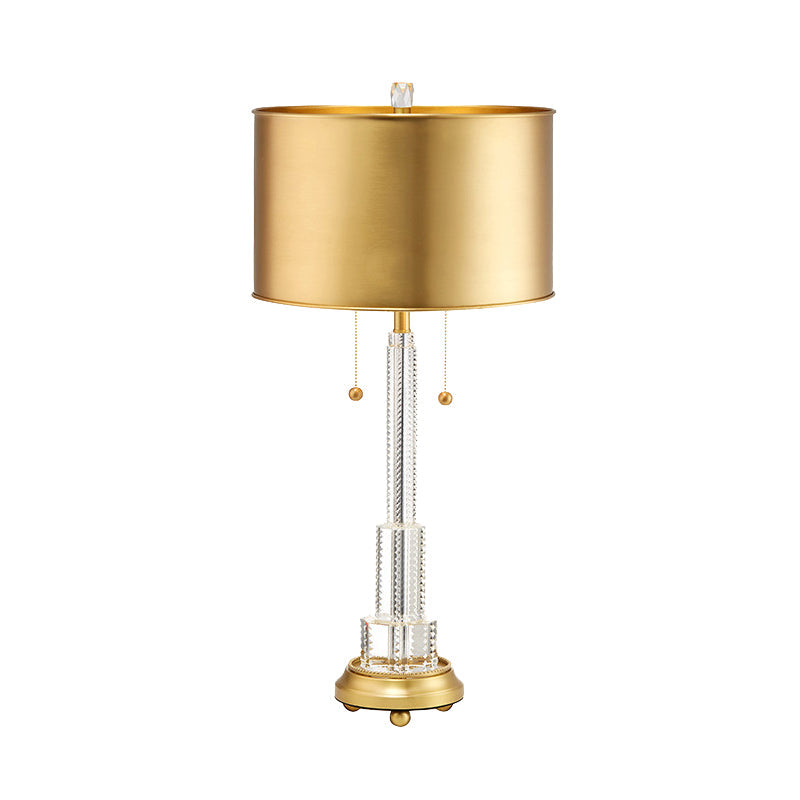 Clear Crystal Layered Table Lamp Rural Single Bulb Bedroom Night Light in Gold with Drum Metal Shade Clearhalo 'Lamps' 'Table Lamps' Lighting' 338283