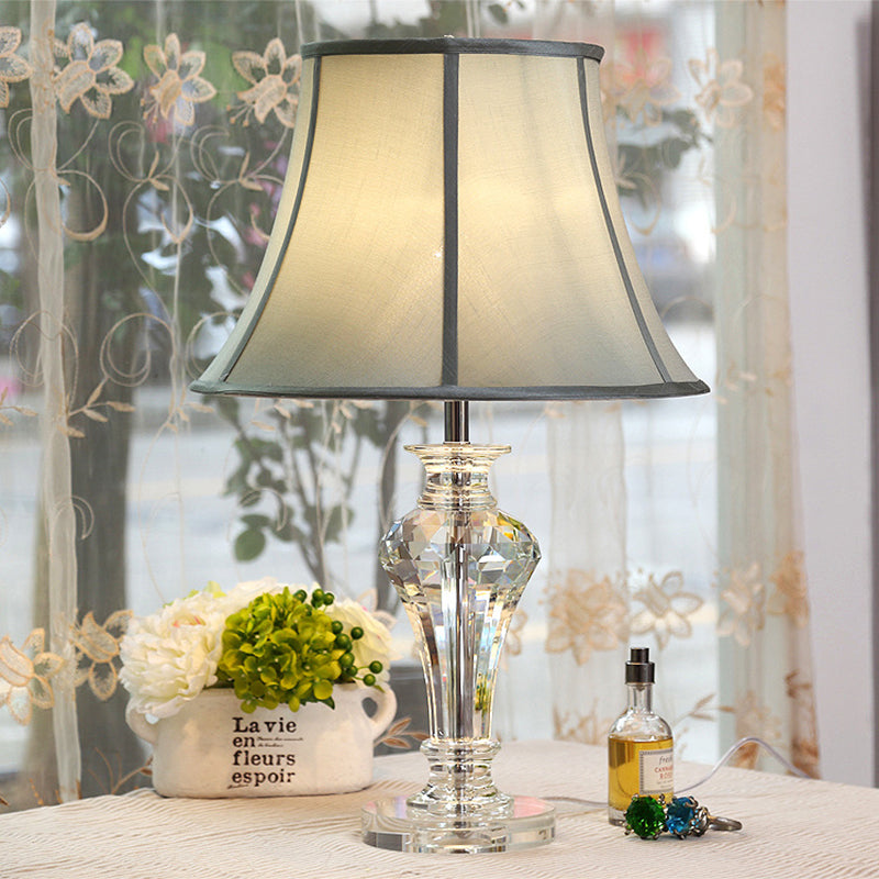 Fabric White/Blue Table Light Bell Single Light Rural Style Night Lamp with Clear Crystal Base Clearhalo 'Lamps' 'Table Lamps' Lighting' 338395