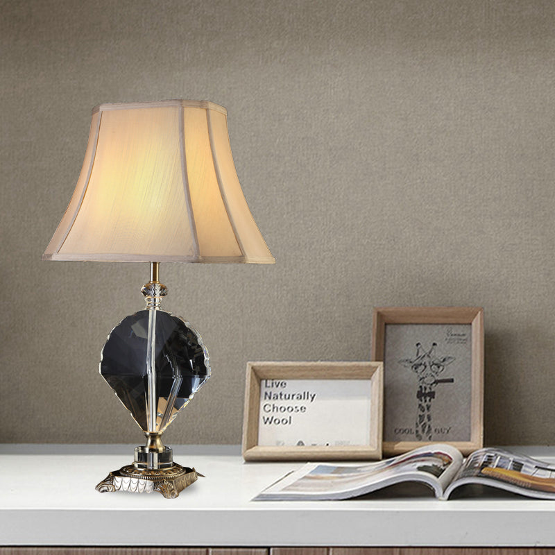 1 Light Table Lamp Minimalism Bell Shaped Fabric Night Light in Beige with Leaf Crystal Accent Clearhalo 'Lamps' 'Table Lamps' Lighting' 338412