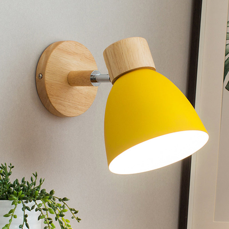 Metal Flare Wall Lighting Modern 1 Head Sconce Light Fixture in Yellow with Circle Wood Backplate Clearhalo 'Wall Lamps & Sconces' 'Wall Lights' Lighting' 338481