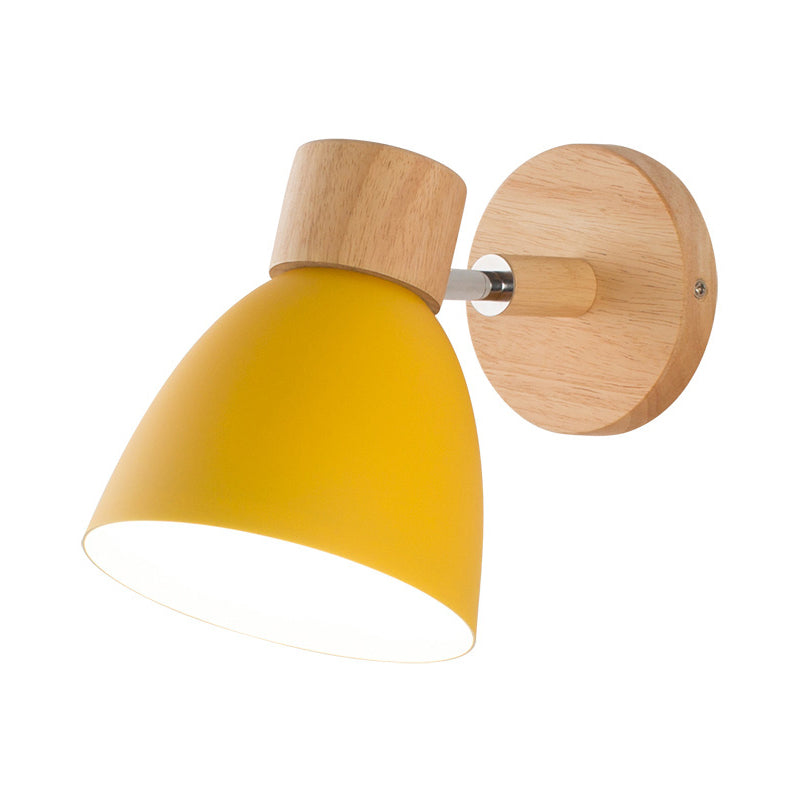 Metal Flare Wall Lighting Modern 1 Head Sconce Light Fixture in Yellow with Circle Wood Backplate Clearhalo 'Wall Lamps & Sconces' 'Wall Lights' Lighting' 338483