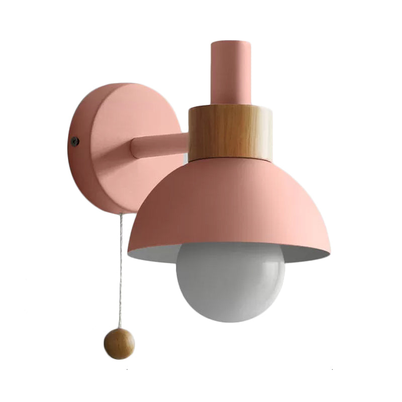 1 Head Bedside Wall Lamp Macaron White/Pink/Yellow Sconce Light Fixture with Domed Metal Shade Clearhalo 'Wall Lamps & Sconces' 'Wall Lights' Lighting' 338557