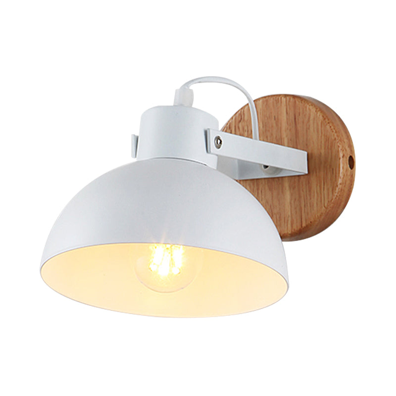 1 Head Bowl Wall Lamp Modernism Metal Sconce Light Fixture in White with Round Wood Backplate Clearhalo 'Wall Lamps & Sconces' 'Wall Lights' Lighting' 338661