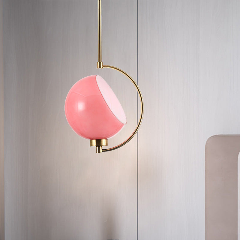 Metal Dome Pendant Light Fixture Modernism 1 Bulb Pink Down Lighting for Bedroom Pink Clearhalo 'Ceiling Lights' 'Modern Pendants' 'Modern' 'Pendant Lights' 'Pendants' Lighting' 339258