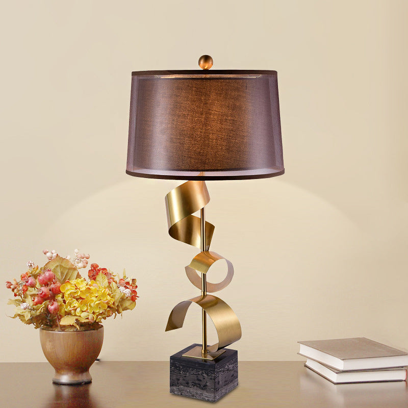 1 Bulb Night Lighting Traditional Bedroom Table Lamp in Red Brown with Drum Fabric Shade Clearhalo 'Lamps' 'Table Lamps' Lighting' 339803