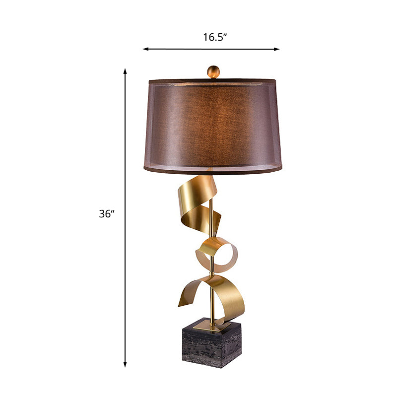 1 Bulb Night Lighting Traditional Bedroom Table Lamp in Red Brown with Drum Fabric Shade Clearhalo 'Lamps' 'Table Lamps' Lighting' 339805