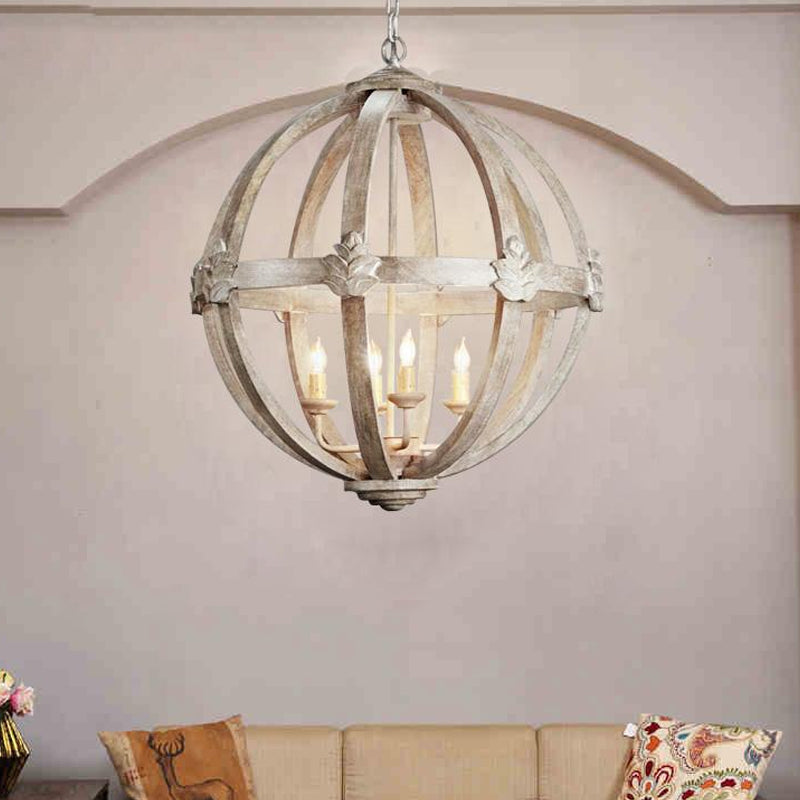 Wood Ball Chandelier Lamp Nordic 4 Bulbs Distressed White Pendant Lighting Fixture with Adjustable Chain Clearhalo 'Ceiling Lights' 'Chandeliers' Lighting' options 339894