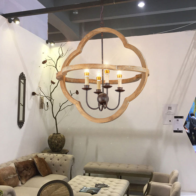 Traditional Candle Hanging Chandelier Wood 4 Bulbs Suspension Light in Beige for Restaurant Clearhalo 'Ceiling Lights' 'Chandeliers' Lighting' options 339914