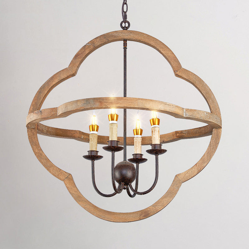 Traditional Candle Hanging Chandelier Wood 4 Bulbs Suspension Light in Beige for Restaurant Clearhalo 'Ceiling Lights' 'Chandeliers' Lighting' options 339915