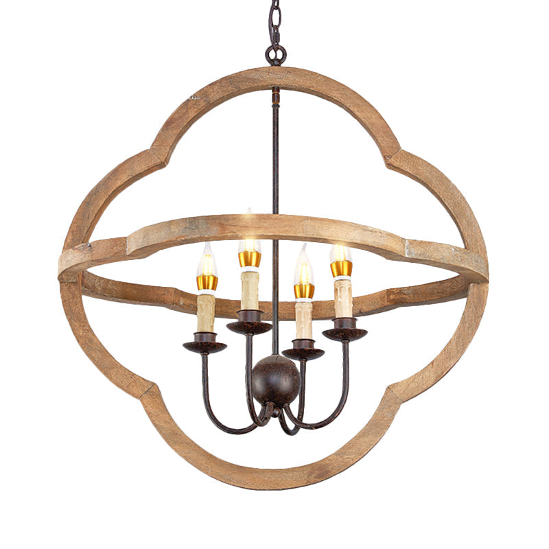 Traditional Candle Hanging Chandelier Wood 4 Bulbs Suspension Light in Beige for Restaurant Clearhalo 'Ceiling Lights' 'Chandeliers' Lighting' options 339916