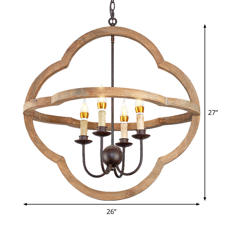 Traditional Candle Hanging Chandelier Wood 4 Bulbs Suspension Light in Beige for Restaurant Clearhalo 'Ceiling Lights' 'Chandeliers' Lighting' options 339917