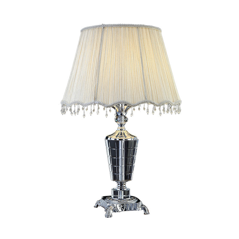 1 Light Fabric Night Table Light Traditional White Empire Shade Bedroom Night Lamp with Crystal Draping Clearhalo 'Lamps' 'Table Lamps' Lighting' 340014