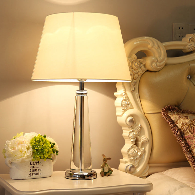 Fabric Tapered Table Lamp Rural Style Single Head Bedroom Night Light in Beige with Crystal Base Clearhalo 'Lamps' 'Table Lamps' Lighting' 340034