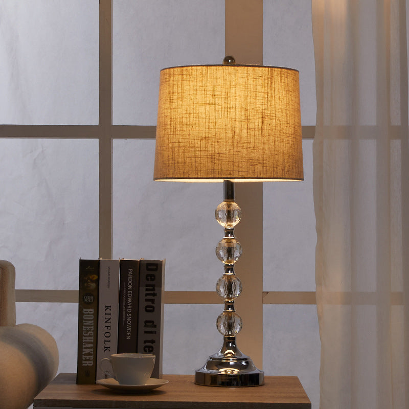 Traditional Drum Night Light 1 Light Fabric Table Lamp in White/Brown/Blue for Living Room with Crystal Ball Clearhalo 'Lamps' 'Table Lamps' Lighting' 340044