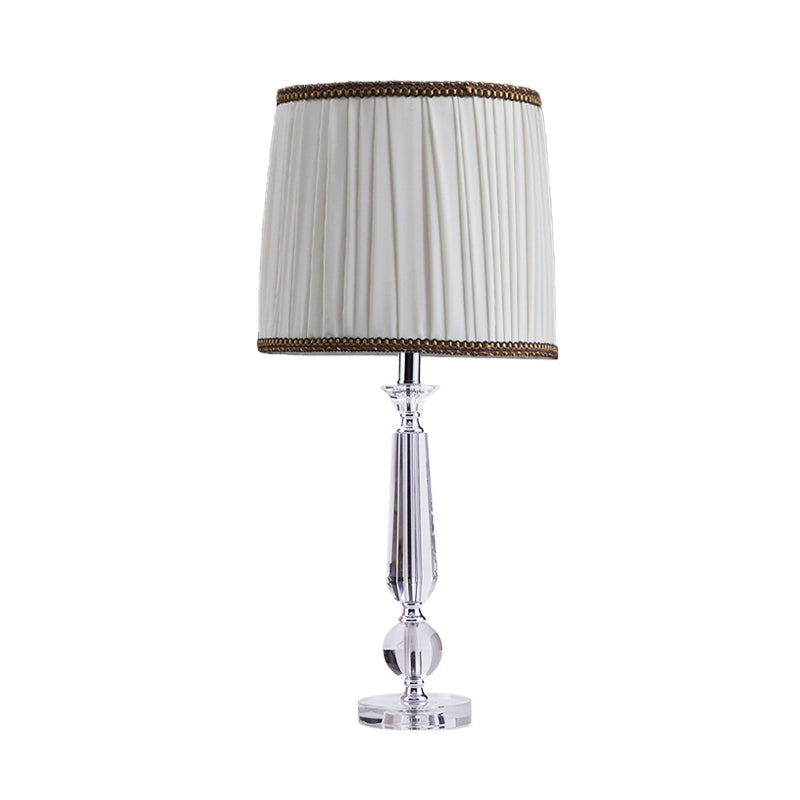 1 Light Drum Night Table Lamp Traditionalism White/Brown/Beige Fabric Nightstand Light for Bedroom with Crystal Base Clearhalo 'Lamps' 'Table Lamps' Lighting' 340058