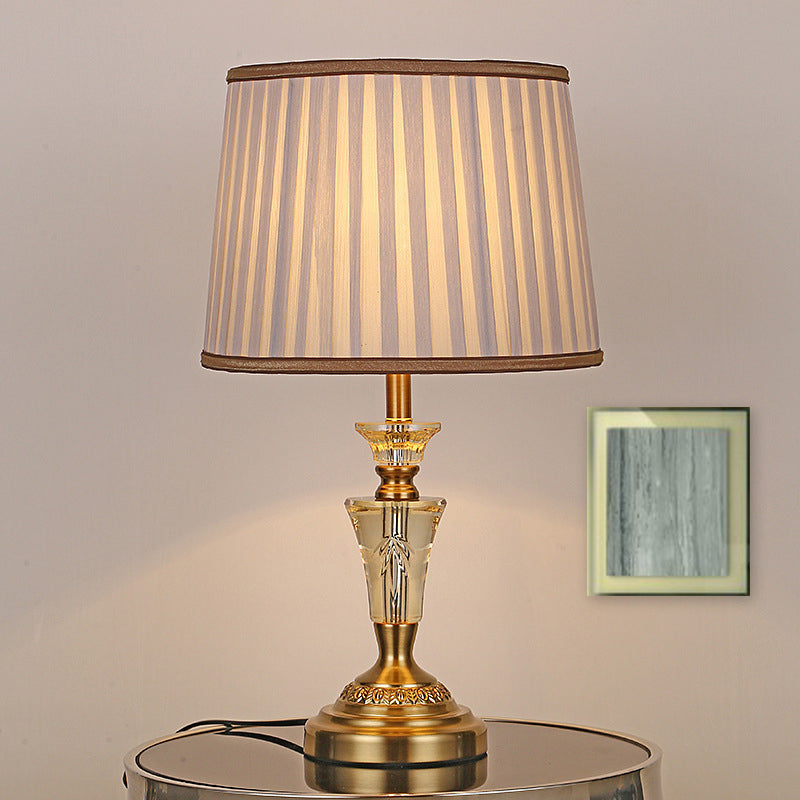 1 Light Night Table Light Countryside Pleated Shade Fabric Nightstand Lamp in Beige/Pink with Crystal Base Beige Clearhalo 'Lamps' 'Table Lamps' Lighting' 340060