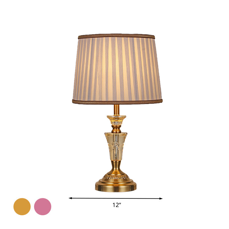 1 Light Night Table Light Countryside Pleated Shade Fabric Nightstand Lamp in Beige/Pink with Crystal Base Clearhalo 'Lamps' 'Table Lamps' Lighting' 340064