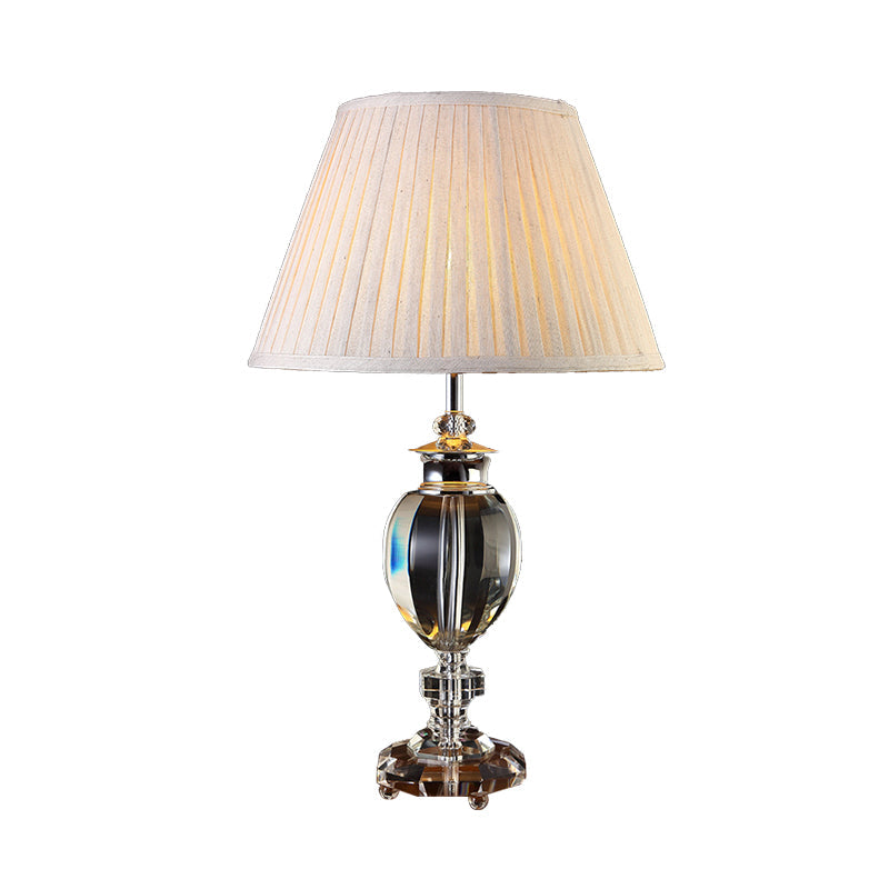 1 Light Fabric Nightstand Light Countryside Beige Pleated Lampshade Bedroom Table Lamp with Crystal Base Clearhalo 'Lamps' 'Table Lamps' Lighting' 340073