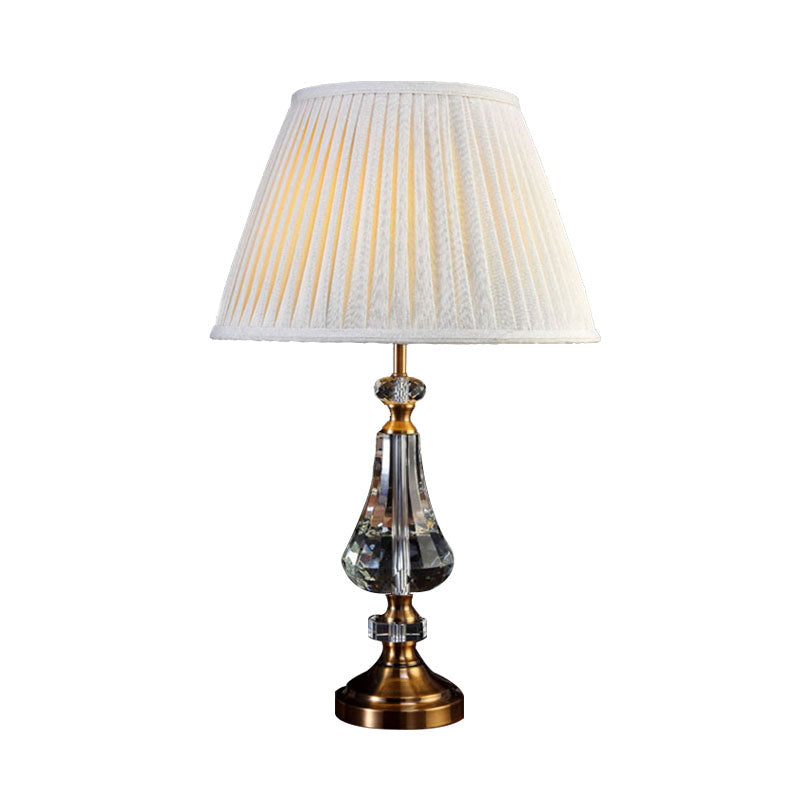 1 Light Conical Night Table Lamp Simple Cream Gray Fabric Nightstand Light with Crystal Base Clearhalo 'Lamps' 'Table Lamps' Lighting' 340108