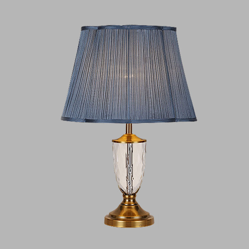 Blue Pleated Shade Night Table Lamp Rural Crystal 1 Light Bedroom Nightstand Light Clearhalo 'Lamps' 'Table Lamps' Lighting' 340139