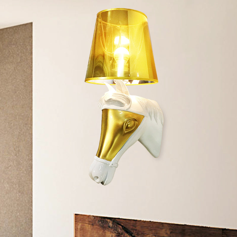 Traditional Cone Sconce Light Fixture 1 Bulb Fabric Wall Mount Lighting in White/Gold for Bedroom with Horse Head Backplate Clearhalo 'Wall Lamps & Sconces' 'Wall Lights' Lighting' 340171