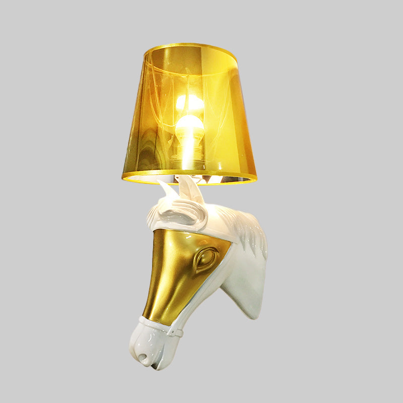 Traditional Cone Sconce Light Fixture 1 Bulb Fabric Wall Mount Lighting in White/Gold for Bedroom with Horse Head Backplate Clearhalo 'Wall Lamps & Sconces' 'Wall Lights' Lighting' 340172