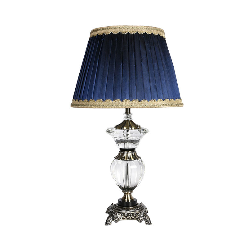 Barrel Bedroom Crystal Night Table Lamp Lodge Fabric 1 Light Blue Nightstand Light with Braided Trim Clearhalo 'Lamps' 'Table Lamps' Lighting' 340203