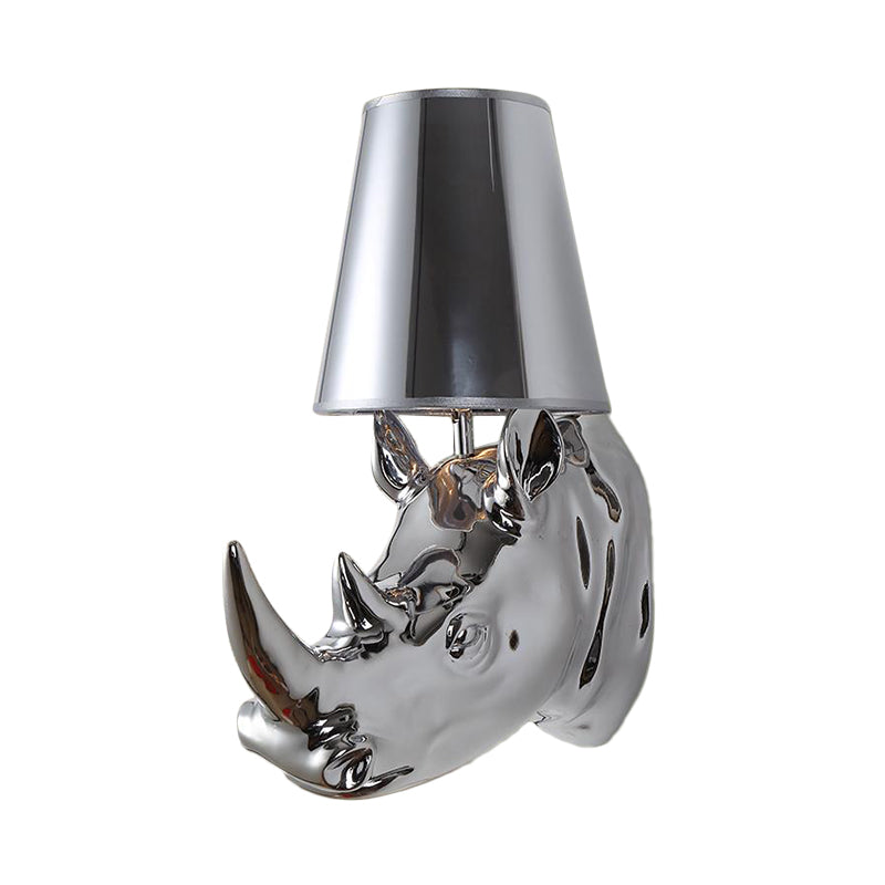 Resin Silver/Gold Sconce Light Fixture Rhinoceros 1-Light Rustic Wall Mounted Lighting for Bedroom with Cone Fabric Shade Clearhalo 'Wall Lamps & Sconces' 'Wall Lights' Lighting' 340317