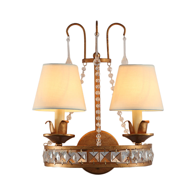 Rustic Barrel Sconce Lamp 2 Bulbs Metal and Fabric Wall Mounted Light in Antique Brass for Bedroom Clearhalo 'Wall Lamps & Sconces' 'Wall Lights' Lighting' 340343