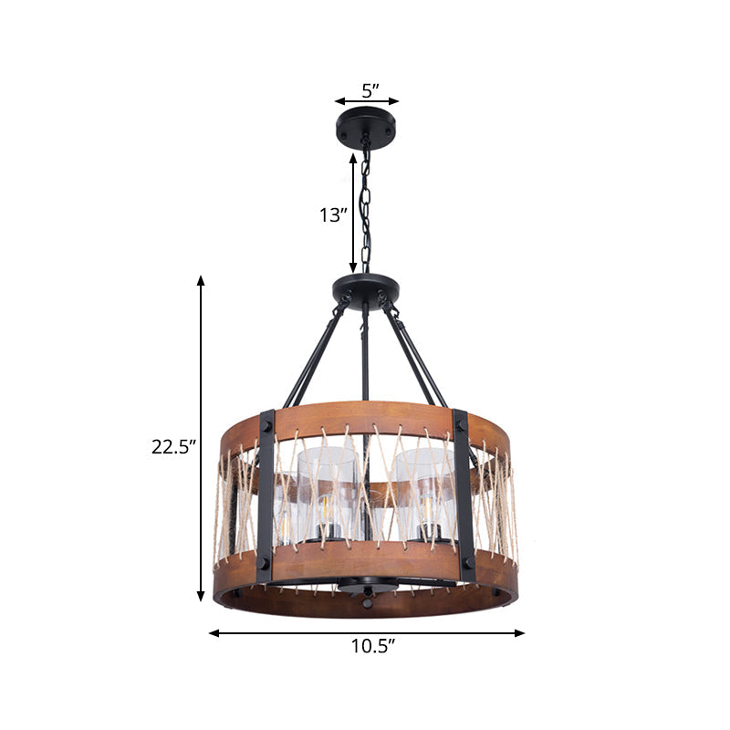 Wood Drum Chandelier Lamp Farmhouse 5-Head Living Room Pendant Ceiling Light in Brown Clearhalo 'Ceiling Lights' 'Chandeliers' Lighting' options 340574